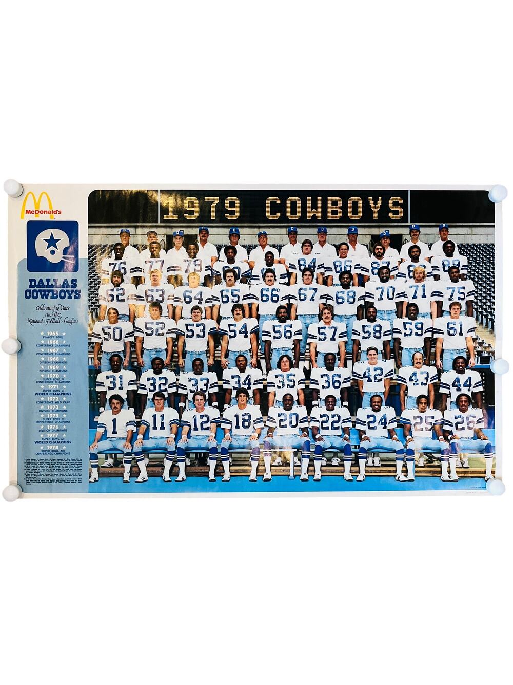 1979 Genuine Vintage Dallas Cowboys Team Poster NFL McDonalds 36x23 Collectible